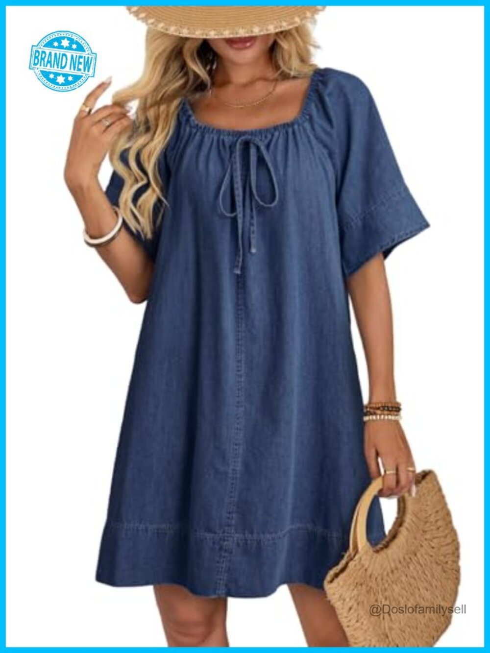 Womens Denim Dress Lightweight Flowy 100% Cotton Tie Knot Square Neck